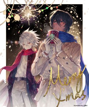 2boys arjuna_(fate) black_eyes black_hair blue_eyes blush brothers coat cup dark-skinned_male dark_skin disposable_coffee_cup disposable_cup earrings eyeshadow eyeshadow_under_eye fate/grand_order fate_(series) gloves hair_between_eyes highres holding holding_cup jewelry karna_(fate) long_sleeves makeup male_focus multiple_boys open_mouth pants red_eyeshadow scarf short_hair siblings smile sqloveraven sweater white_gloves white_hair winter winter_clothes
