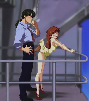 1boy 1girl age_difference amondetauro blue_shirt blush dress hetero highres kaji_ryouji neon_genesis_evangelion open_mouth orange_hair shirt smoking souryuu_asuka_langley testicles tongue tongue_out yellow_dress