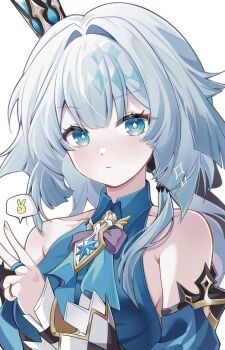 1girl bare_shoulders blue_dress blue_eyes blue_hair cerydra_(honkai:_star_rail) closed_mouth commentary crown detached_sleeves diamond-shaped_pupils diamond_(shape) dress geumxxi hair_intakes highres honkai:_star_rail honkai_(series) jewelry light_blush long_hair long_sleeves looking_at_viewer mini_crown ring simple_background solo speech_bubble spoken_v symbol-shaped_pupils upper_body v white_background