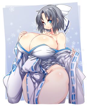 Rule 34 | 1girl, aqua eyes, armpit crease, blush, breasts, cleavage, closed mouth, commentary request, cropped legs, curvy, from side, grey hair, groin, hair ribbon, hand on own chest, huge breasts, japanese clothes, kimono, looking at viewer, off shoulder, ribbon, sachito, senran kagura, short hair, solo, thick thighs, thighs, white kimono, white ribbon, yumi (senran kagura)