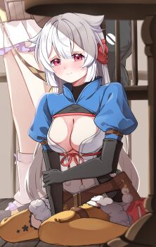 2girls :> absurdres bag bag_charm belt black_gloves black_shoes blue_shrug blush bow breasts brown_belt charm_(object) cleavage closed_mouth commentary elbow_gloves embarrassed flower fur-trimmed_leotard fur_trim fuyuka_(stella_sora) gloves hair_flaps hair_flower hair_ornament hayate-rindou hiding highres leotard long_hair loose_socks medium_breasts multiple_girls nazuna_(stella_sora) on_floor orange_thighhighs pleated_skirt pom_pom_(clothes) red_bow satchel sherlock_(stella_sora) shoes shrug_(clothing) sitting skirt socks solo_focus stella_sora stuffed_animal stuffed_penguin stuffed_toy thigh_belt thigh_strap thighhighs under_table very_long_hair wariza white_hair white_leotard white_skirt white_socks