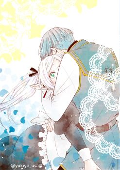 1boy 1girl apron black_bow black_dress blue_hair blue_petals blue_tunic bow dress earrings elf falling_petals frieren green_eyes hair_bow hetero highres himmel_(sousou_no_frieren) hug jewelry long_hair maid_apron parted_bangs petals pointy_ears shirt short_hair sousou_no_frieren tunic twintails upper_body white_hair white_shirt wide-eyed yukiyo_usa