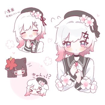 2girls ^_^ animal_ears beret black_hat cat_ears chibi closed_eyes closed_mouth commentary_request dog_ears flower flying_sweatdrops gradient_hair hair_flower hair_ornament hands_up hat highres long_sleeves looking_at_viewer mahou_shoujo_no_majo_saiban multicolored_hair multiple_girls multiple_views nikaido_hiro open_mouth pink_eyes pink_hair pon_(pp_0u0) sakuraba_ema short_hair simple_background smile translation_request upper_body white_background white_flower white_hair x_hair_ornament