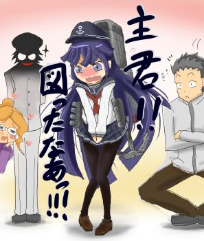 Rule 34 | 2boys, 2girls, = =, admiral (kancolle), admiral (kancolle) (cosplay), akatsuki (kancolle), akatsuki (kancolle) (cosplay), akatsuki (log horizon), blood, blush, cosplay, glasses, hand on own cheek, hand on own face, heart, henrietta (log horizon), highres, holding, kantai collection, log horizon, long hair, multiple boys, multiple girls, name connection, naotsugu (log horizon), nosebleed, pantyhose, shiroe (log horizon), skirt, skirt tug, very long hair, wavy mouth, zakipan
