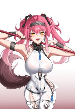 1girl absurdres armlet bodysuit breasts collar commentary_request cowboy_shot earrings gradient_background gradient_hair hairband highres holding holding_polearm holding_weapon jewelry korean_commentary large_breasts long_hair looking_at_viewer lupa_(wuthering_waves) metal_collar metal_hairband multicolored_hair open_mouth orange_eyes p.za pink_hair polearm red_pupils smile solo sweaty_clothes tacet_mark_(wuthering_waves) thigh_gap twintails weapon white_bodysuit wuthering_waves