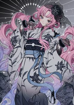 absurdres bema_(sinsekai) black_eyes black_gloves blue_ribbon blush closed_mouth commentary_request earrings fascinator floral_print floral_print_kimono fur-trimmed_gloves fur_trim furisode gloves gradient_hair grey_eyes heterochromia highres japanese_clothes jewelry kamitsubaki_studio kimono lace lace_gloves leg_up long_hair looking_at_viewer multicolored_hair murasaki_pomeranian obi obiage obijime official_art parted_bangs pink_hair print_kimono purple_hair ribbon sandals sash second-party_source sinsekai_record tabi very_long_hair zouri