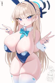 2girls ? absurdres animal_ears artist_name bare_shoulders between_breasts blonde_hair blue_archive blue_bow blue_bowtie blue_eyes blue_hair blue_hairband blue_halo blue_leotard blue_nails blush bow bowtie braid breast_conscious breasts chibi chibi_inset closed_mouth commentary covered_navel cowboy_shot detached_collar double_v fake_animal_ears fingernails groin hair_bow hair_ornament hairband hairclip half_up_braid halo hands_up highleg highleg_leotard highres jacket large_breasts leotard long_hair long_sleeves looking_at_self looking_at_viewer looking_down multicolored_hair multiple_girls nail_polish official_alternate_costume parted_lips playboy_bunny rabbit_ears ribbed_sweater ringed_eyes rio_(blue_archive) signature simple_background sparkle speech_bubble spoken_object spoken_question_mark standing strapless strapless_leotard streaked_hair sweatdrop sweater thighhighs toki_(blue_archive) toki_(bunny)_(blue_archive) v very_long_hair white_background white_thighhighs wrist_cuffs yakyak
