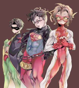 3boys abs bart_allen belt black_hair blue_eyes bodysuit brown_hair cape dc_comics domino_mask eye_mask fingerless_gloves gloves goggles impulse jacket kon-el male_focus mask multiple_belts multiple_boys robin_(dc) s_shield superboy tim_drake young_justice