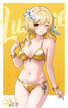 1girl absurdres alternate_costume bikini blonde_hair blue_gem blush bracelet breasts breasts_apart collarbone commentary dated dated_commentary english_commentary flower gem genshin_impact gold_bikini hair_between_eyes hair_flower hair_ornament highres jewelry looking_at_viewer lumine_(genshin_impact) medium_breasts navel one_eye_closed parted_lips short_hair_with_long_locks solo stomach strap_pull swimsuit vraxtal white_flower yellow_eyes