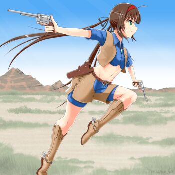 Rule 34 | 1girl, ahoge, belt, belt buckle, black ribbon, blue gem, blue shirt, blue shorts, blush, boots, brown belt, brown boots, brown hair, brown vest, buckle, buttons, chaps, closed mouth, colt 1851 navy, cowboy boots, cowboy western, cowgirl (western), crop top, dual wielding, field, flat chest, fringe trim, gem, grass, green eyes, groin, gun, hair ribbon, hairband, handgun, holding, holding gun, holding weapon, holster, jewelry, kathie vr, leather, leather vest, linea alba, long hair, looking ahead, low twintails, midriff, mountain, mountainous horizon, navel, pendant, red hairband, revolver, ribbon, running, ryoubi (senran kagura), senran kagura, senran kagura shinovi versus, shirt, shorts, smile, solo, spurs, standing, standing on one leg, stomach, trigger discipline, twintails, very long hair, vest, weapon