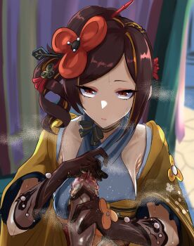 1boy 1girl :| absurdres armpit_crease armpit_peek black_gloves blonde_hair breasts brown_hair byoushitsu_403 censored chiori_(genshin_impact) choker closed_mouth collarbone commentary_request dark-skinned_male dark_skin dot_nose drill_hair drill_ponytail expressionless eyeshadow floral_print floral_print_gloves floral_print_kimono flower_ornament genshin_impact glansjob gloved_handjob gloves grey_kimono hair_ornament hair_stick handjob highres japanese_clothes kimono large_breasts looking_at_viewer makeup medium_hair mosaic_censoring multicolored_hair obi paid_reward_available partial_commentary penis pink_lips pov precum print_gloves print_kimono red_eyes red_eyeshadow ribbon_choker sash side_ponytail sidelocks sleeveless sleeveless_kimono smegma steam streaked_hair sweat swept_bangs textless_version two-tone_hair upper_body wide_sleeves yellow_kimono