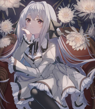 1girl absurdres black_bow black_pantyhose black_ribbon blush bow braid breasts cherry_blossoms coffee1223 collared_dress couch crown_braid dress hair_between_eyes hair_bow hair_intakes hand_on_own_hip highres long_hair long_sleeves looking_at_viewer pantyhose red_eyes ribbon sakurakouji_luna school_uniform silver_hair sitting small_breasts solo tsuki_ni_yorisou_otome_no_sahou white_dress