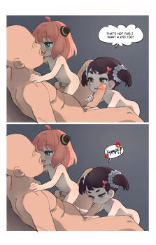 1boy 2girls absurdres age_difference anya_(spy_x_family) bald becky_blackbell blush brown_eyes brown_hair completely_nude english_text erection faceless faceless_male fellatio ffm_threesome flat_chest french_kiss green_eyes group_sex highres kiss loli multiple_girls multiple_views nipples nude older_male_and_younger_female oral penis pink_hair saliva sequential speech_bubble spy_x_family tagme threesome uncensored yokappa_(jokappa)