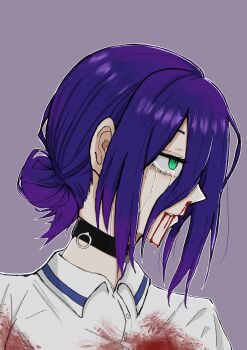 1girl black_choker blood blood_from_mouth blood_on_clothes chainsaw_man choker crying crying_with_eyes_open green_eyes grenade_pin grey_background hair_bun highres nosebleed osiruko_nomenai polo_shirt purple_hair reze_(chainsaw_man) shirt solo tears white_shirt