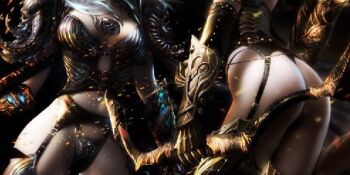 Rule 34 | 2girls, armor, ass, azazel1944, bow (weapon), breasts, commentary request, garter belt, garter straps, gauntlets, gold gauntlets, holding, holding bow (weapon), holding weapon, horns, jewelry, long hair, lowres, multiple girls, panties, pendant, tail, thighhighs, underwear, warcraft, weapon, white hair, world of warcraft