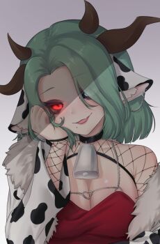 1girl animal_ears animal_print bell breasts cleavage colored_sclera commentary cow_ears cow_girl cow_horns cow_print cow_print_jacket cowbell crelly dress english_commentary fang fishnet_top fishnets green_hair grey_sclera heterochromia horns indie_virtual_youtuber jacket looking_at_viewer medium_breasts mismatched_sclera mole mole_under_mouth print_jacket red_dress red_eyes ritspi skin_fang smile virtual_youtuber