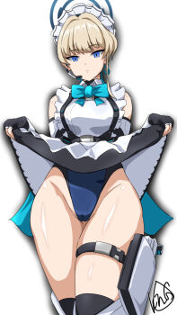 1girl black_gloves black_thighhighs blonde_hair blue_archive blue_eyes blue_one-piece_swimsuit breasts expressionless feet_out_of_frame gloves headset lifting_own_clothes long_hair looking_at_viewer maid maid_headdress medium_breasts microphone one-piece_swimsuit sankakukin_gear simple_background solo standing swimsuit swimsuit_under_clothes thighhighs toki_(blue_archive) white_background