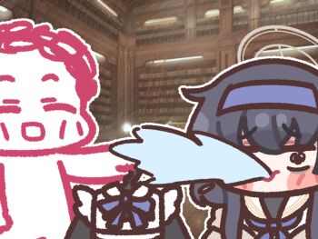 Rule 34 | 1boy, 1girl, blue archive, blush stickers, bugi 33, chibi, chibi only, cut-in, frown, gift, halo, library, sensei (blue archive), ui (blue archive)