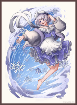 Rule 34 | 1girl, absurdres, arm up, artist name, barefoot, border, brown border, commentary request, dress, full body, grey jacket, hat, highres, jacket, layered dress, leg up, letty whiterock, long sleeves, looking to the side, mob cap, off-shoulder dress, off shoulder, open clothes, open hand, open jacket, open mouth, outstretched arm, puffy long sleeves, puffy sleeves, purple eyes, purple hair, qcezssxx123, short hair, sleeve cuffs, smile, snowflakes, solo, teeth, touhou, upper teeth only, white dress, white hat