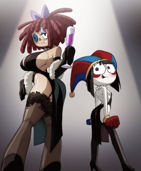 Rule 34 | 2girls, absurdres, alcohol, black dress, black gloves, black hair, blue gloves, blush, breasts, button eyes, buttons, colored skin, cup, dress, drinking glass, elbow gloves, from behind, garter straps, gloves, hat, highres, inker comics, jester, jester cap, jewelry, large breasts, multicolored eyes, multiple girls, necklace, pearl necklace, pomni (the amazing digital circus), ragatha (the amazing digital circus), red gloves, red hair, revealing clothes, ribbon, short hair, small breasts, smile, the amazing digital circus, thighhighs, thighs, triangle nose, two-tone hat, white skin, wine, wine glass