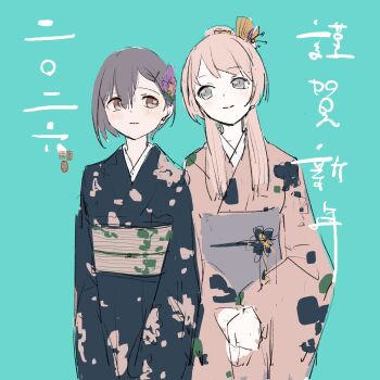 2026 2girls aircraft bang_dream! bang_dream!_it's_mygo!!!!! blue_background blue_kimono braid brown_eyes chihaya_anon closed_mouth flower grey_eyes grey_hair grey_sash hair_flower hair_ornament hairclip half_up_braid highres japanese_clothes kimono kushima_yu long_hair multiple_girls obi pink_hair pink_kimono sash short_hair simple_background takamatsu_tomori translation_request