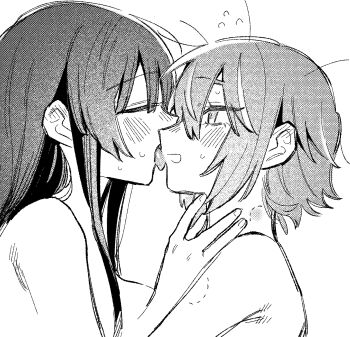 2girls akiyama_mio bite_mark bite_mark_on_arm bite_mark_on_neck blush closed_eyes commentary_request ear_blush flying_sweatdrops greyscale hand_on_another's_neck highres k-on! licking licking_another's_face licking_another's_lips long_hair monochrome multiple_girls nude short_hair suzuo_(zuo) tainaka_ritsu yuri