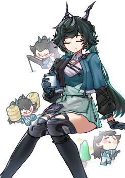 1girl absurdres arknights arknights:_endfield black_boots black_hair blue_gloves blush_stickers boots chen_qianyu_(arknights) chibi chinese_commentary closed_eyes closed_mouth commentary_request cropped_jacket cup dragon_girl dragon_horns dress eastern_dragon_horns exercising feet_out_of_frame fishing full_body gloves highres holding holding_cup horns jacket knee_boots long_hair long_sleeves multiple_views open_clothes open_jacket purple_horns simple_background sitting smile star_(symbol) thighs twintails weightlifting wenz_(wenzizi123) white_background