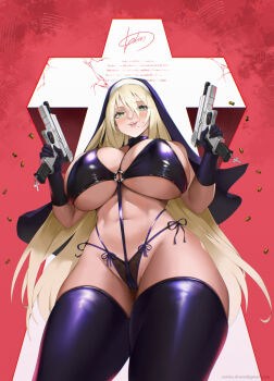 1girl bikini black_bikini black_gloves black_thighhighs blonde_hair blush breasts cameltoe casing_ejection charm_(object) crack cross cross_pendant curvy dual_wielding finger_on_trigger gloves green_eyes groin gun hair_between_eyes handgun highleg holding holding_gun holding_weapon huge_breasts lace_bikini latex latex_bikini long_hair looking_at_viewer magazine_(weapon) magazine_ejection micro_bikini mole mole_under_mouth navel nun o-ring o-ring_bikini o-ring_top open_mouth original red_background red_sky scripture shell_casing side-tie_bikini_bottom skindentation sky smile smirk solo swimsuit teeth thighhighs underboob upper_teeth_only veil verien very_long_hair weapon wide_hips
