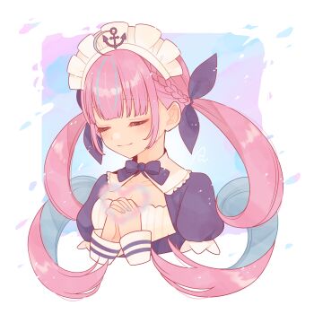 1girl 2024 absurdres akowazaki blush breasts cleavage closed_eyes closed_mouth commentary_request highres hololive light_smile long_hair maid maid_headdress medium_breasts minato_aqua pink_hair praying twintails very_long_hair virtual_youtuber white_background