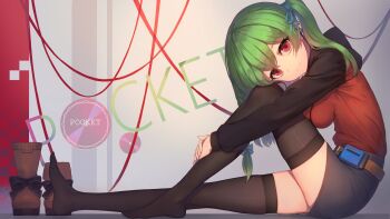 1girl absurdres artist_request belt black_thighhighs boots braid brown_boots closed_mouth commentary_request commission from_side green_hair hair_ornament hair_ribbon highres hood hoodie huanxiang_koudai_meow hugging_own_leg knee_up long_hair long_sleeves looking_at_viewer original red_eyes ribbon second-party_source side_braid side_ponytail sitting smile solo text_background thighhighs unworn_boots zettai_ryouiki