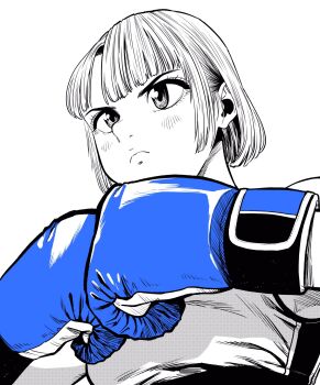 1girl blue_gloves bob_cut boxing_gloves breasts commentary_request from_below frown gloves greyscale hatching_(texture) highres lee_(dragon_garou) monochrome original serious short_hair small_breasts solo sports_bra spot_color upper_body v-shaped_eyebrows