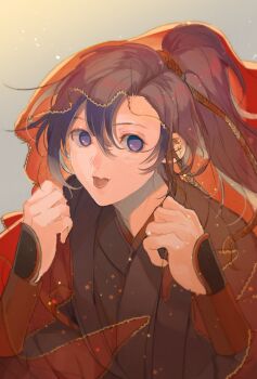 1boy :d amana_raika black_hair black_hanfu chinese_clothes chinese_wedding clothes_grab gradient_background grey_background hair_between_eyes hair_ribbon hands_up hanfu highres honggaitou implied_yaoi light_particles long_hair long_sleeves looking_at_viewer male_focus modao_zushi open_mouth ponytail purple_eyes red_ribbon red_veil ribbon robe see-through_clothes see-through_veil simple_background smile solo tongue tongue_out upper_body veil wei_wuxian