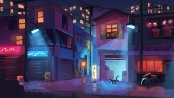 Rule 34 | alley, animal, bicycle, black cat, building, bush, cat, garage door, glowing, lamppost, little kitty big city, night, no humans, open window shutter, outdoors, plant, potted plant, power lines, railing, scenery, sidewalk, sign, spotlight, town, utility pole, variant set, walking, window, window light, zandra