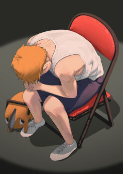 1boy absurdres blue_shorts chainsaw chainsaw_man chair dakaeya denji_(chainsaw_man) folding_chair highres male_focus meme on_chair orange_hair pochita_(chainsaw_man) shinji_in_a_chair_(meme) short_hair shorts sitting tank_top white_footwear white_tank_top