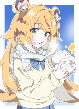 1girl absurdres alternate_costume animal_ear_fluff animal_ears blonde_hair blue_background blue_bow blue_bowtie blue_skirt blush border bow bowtie checkered_clothes checkered_scarf colored_inner_hair commentary_request dumpling fang food green_eyes highres holding holding_food hutsugyou ju_fufu long_hair looking_at_viewer multicolored_hair notice_lines open_mouth outline scarf skin_fang skirt solo striped_fur striped_hair sweater tail tiger_ears tiger_girl tiger_stripes tiger_tail upper_body white_border white_outline white_scarf white_sweater zenless_zone_zero