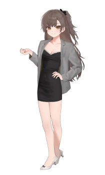 Rule 34 | 1girl, absurdres, alternate costume, black bow, black dress, bow, breasts, brown eyes, brown hair, closed mouth, collarbone, commentary, dress, english commentary, full body, girls' frontline, girls' frontline 2: exilium, grey jacket, hair bow, hand on own hip, high heels, highres, jacket, kir (khw66136132), leva (girls' frontline 2), looking at viewer, one side up, open clothes, open jacket, scar, scar across eye, scar on face, shoes, simple background, small breasts, smile, solo, ump45 (girls' frontline), white background, white shoes