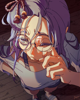 1girl artist_name artist_self-insert closed_mouth collarbone commentary english_commentary fang from_above glasses highres indie_virtual_youtuber long_hair one_eye_closed pikat pikat_(vtuber) purple_eyes purple_hair shirt shorts sleepy solo tassel white_shirt wooden_floor yellow_pupils