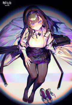 1girl absurdres arknights black_hair black_hairband black_pantyhose black_skirt blush breasts closed_mouth coat commentary_request from_above full_body hairband highres jian_jia long_hair long_sleeves medium_breasts no_shoes open_clothes open_coat pantyhose priestess_(arknights) purple_eyes shoes skirt smile solo unworn_shoes