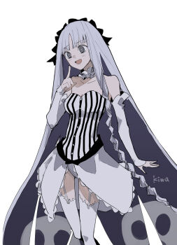 1girl bare_shoulders black_bow black_hair blush bow braid braided_bangs breasts colored_inner_hair detached_sleeves dress fate/strange_fake fate_(series) francesca_prelati_(fate) hair_bow highres ki_wa001 long_hair medium_breasts multicolored_hair open_mouth ringed_eyes simple_background single_braid skull_print smile solo striped_clothes striped_dress thighhighs very_long_hair white_background white_dress white_hair