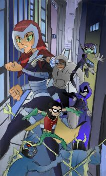 armor beast_boy_(dc) belt bodysuit cape city clenched_hand cloak colored_skin cyborg_(dc) dark_skin dc_comics dick_grayson garfield_logan gloves green_eyes green_skin hood hoodie leotard mask multiple_boys polearm raven_(dc) robin_(dc) skirt starfire teen_titans thighhighs trident vambraces victor_stone weapon