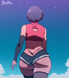 1girl aged_up alternate_costume animated asian ass ass_focus bare_shoulders black_gloves black_hair black_panties black_thighhighs blue_background boruto:_naruto_next_generations bouncing_ass butt_crack cloud cloudy_sky crop_top curvy d-art elbow_gloves faceless faceless_female female_focus from_behind g-string gloves highres huge_ass jiggle naruto_(classic) naruto_(series) night night_sky panties plump red_shirt revealing_clothes shirt short_shorts shorts sky sleeveless sleeveless_shirt star_(sky) swing swinging thick_thighs thighhighs thighs thong tight_clothes uchiha_sarada uchiha_symbol underwear video walking wedgie whale_tail_(clothing) wide_hips