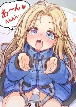 1girl blonde_hair blue_eyes blue_jacket blush cupping_hands diana_(pragmata) english_text forehead jacket loli long_hair long_sleeves looking_at_viewer no_pants open_mouth oral_invitation own_hands_together panties parted_bangs pragmata saliva sitting solo speech_bubble teeth tomagiri tongue tongue_out underwear very_long_hair wariza white_panties