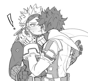 ! 2boys bakugou_katsuki belt blush boku_no_hero_academia commentary freckles gloves greyscale highres long_sleeves male_focus mask_lift midoriya_izuku monochrome multiple_boys nervous_sweating parted_lips shirt simple_background snowflooks superhero_costume sweat upper_body white_background wide-eyed yaoi
