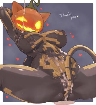 1girl arm_behind_head black_bodysuit bodysuit breasts commentary covered_navel cum cum_on_body cum_on_breasts cum_on_clothes cum_on_upper_body english_commentary english_text fortnite grey_background halloween highres jack-o&#039;-lantern_head large_breasts shourin_bonzu sitting spice_(fortnite) spread_legs tail thank_you