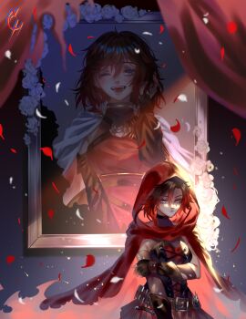 ammunition_belt arm_under_breasts belt black_dress black_hair cloak coconuthound curtains dress falling_petals gradient_hair grey_eyes highres hood hood_up hooded_cloak initial multicolored_hair painting_(object) petals picture_frame portrait red_cloak red_hair rose_petals ruby_rose rwby short_hair summer_rose