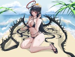 Rule 34 | 1girl, absurdres, bags under eyes, beach, bikini, black bikini, black footwear, black hair, black wings, blood, blood halo, blue archive, blush, breasts, chinese commentary, cleavage, commentary request, criss-cross halter, flower, hair flower, hair ornament, halo, halterneck, highres, large breasts, liquid halo, liuli xiao, long hair, looking at viewer, low wings, melting halo, navel, official alternate costume, outdoors, ponytail, red eyes, red halo, sandals, solo, swimsuit, tsurugi (blue archive), tsurugi (swimsuit) (blue archive), very long hair, wings