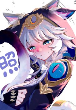 1girl 832cy animal_ears blue_eyes blush bow braid breasts cat_ears cat_girl cat_tail cipher_(honkai:_star_rail) commentary ear_wiggle fingerless_gloves gloves grey_hair hair_bow highres honkai:_star_rail honkai_(series) hugging_own_tail hugging_tail sweatdrop tail white_streaks