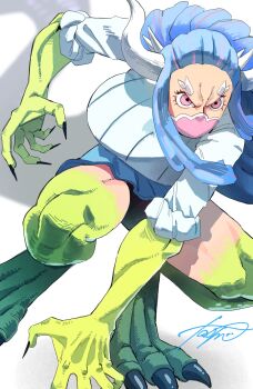 angry blue_hair breasts claws dinosaur dinosaur_girl horns looking_at_viewer mask monster_girl mouth_mask one_piece pink_eyes pink_mask scales shirt signature skirt taoru_(taoru0239) ulti_(one_piece) white_shirt