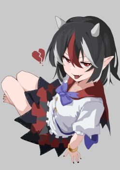 1girl absurdres arm_support arrow_print barefoot black_dress black_hair black_nails bow bowtie breasts broken_heart buttons collared_dress commentary cone_horns dress forked_tongue from_above from_side full_body grey_background heart highres horns invisible_chair jager kijin_seija legs_together looking_at_viewer looking_to_the_side multicolored_hair pointy_ears purple_bow purple_bowtie red_dress red_eyes red_hair ribbon-trimmed_dress ribbon_trim short_dress short_hair simple_background sitting small_breasts smile solo tongue tongue_out touhou waist_bow white_dress white_hair