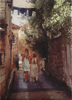 1boy 2girls absurdres air_conditioner brick_wall day highres long_hair multiple_girls naohiro_ito oil_painting_(medium) original painting_(medium) path plant road stone_wall street town traditional_media tree